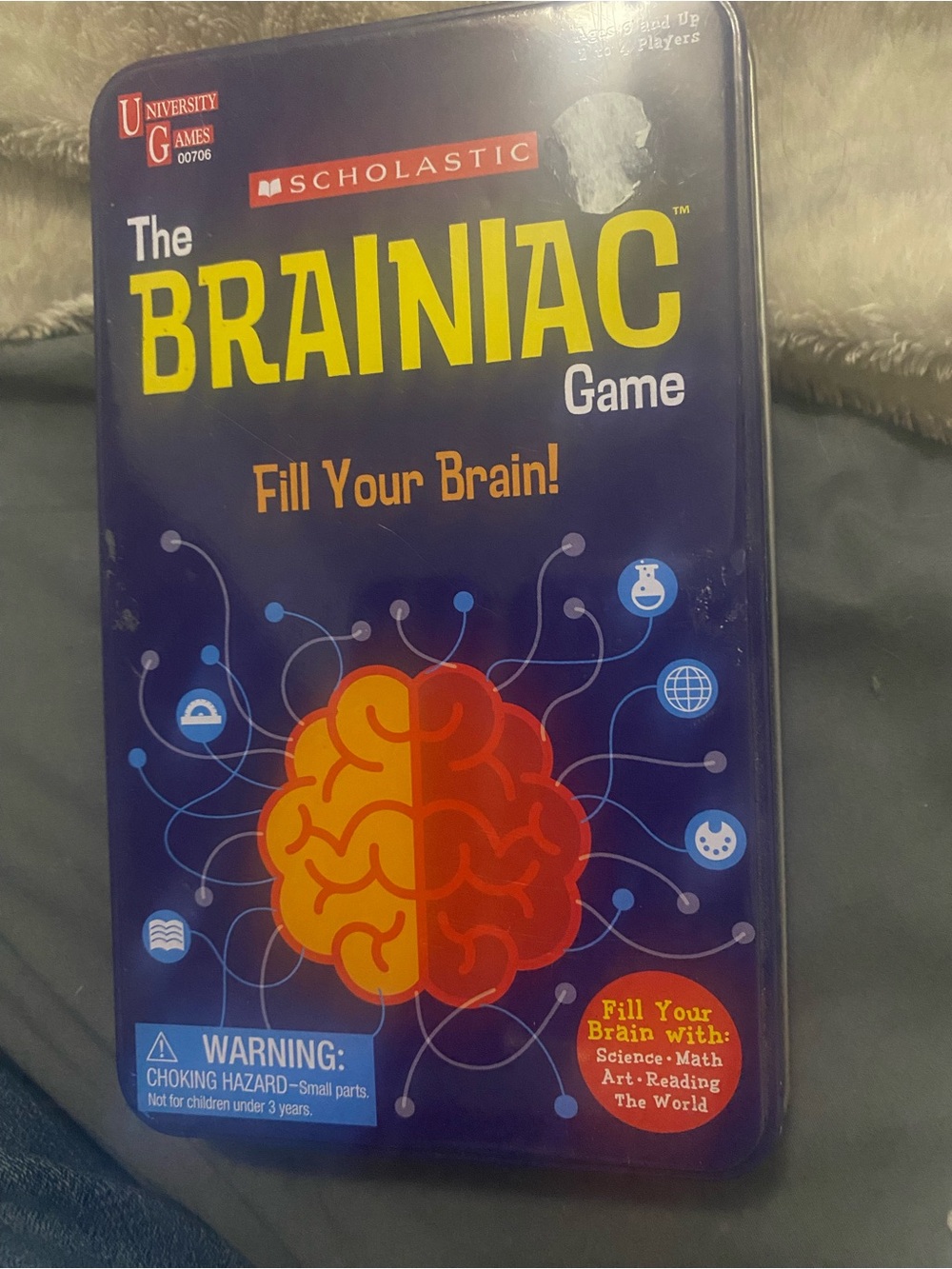 Scholastic Game Tin in Navy Blue with Yellow and Orange Accents